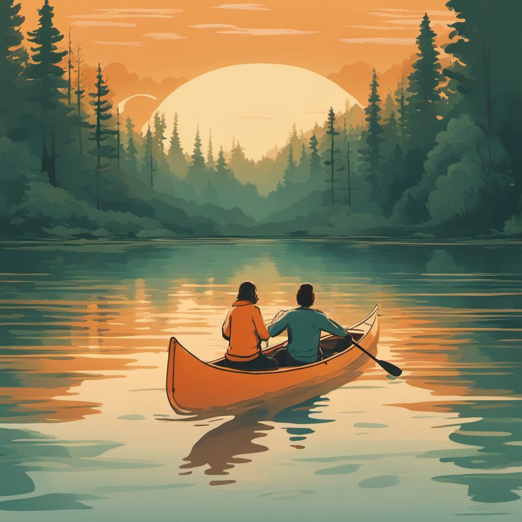 Ein atemberaubender Sonnenuntergang über dem Wasser, aufblässbares Kanu oder Paddelboot im Vordergrund und Menschen im Hintergrund, die sich am Ufer entspannen.