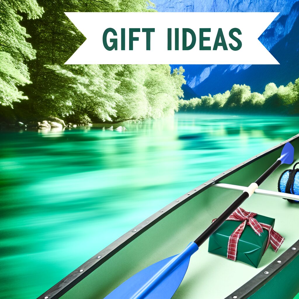 Ein leuchtend grünes Kanu mit einem neuen Paddel und einem Paddelträger im Vordergrund, umgeben von anderen Geschenken und Produkten zum Kanufahren