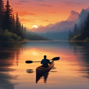 Ein Kanufahrer paddelt durch ruhiges Wasser mit idyllischem Sonnenuntergang im Hintergrund und einem innovativen Paddel in der Hand.