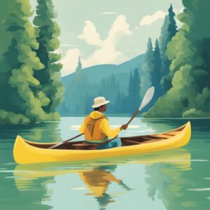 Ein Kanu auf ruhiger See mit sonnigen Wolken am Himmel, ein Paddler in einem leichten Anzug und praktische Paddeltaschen