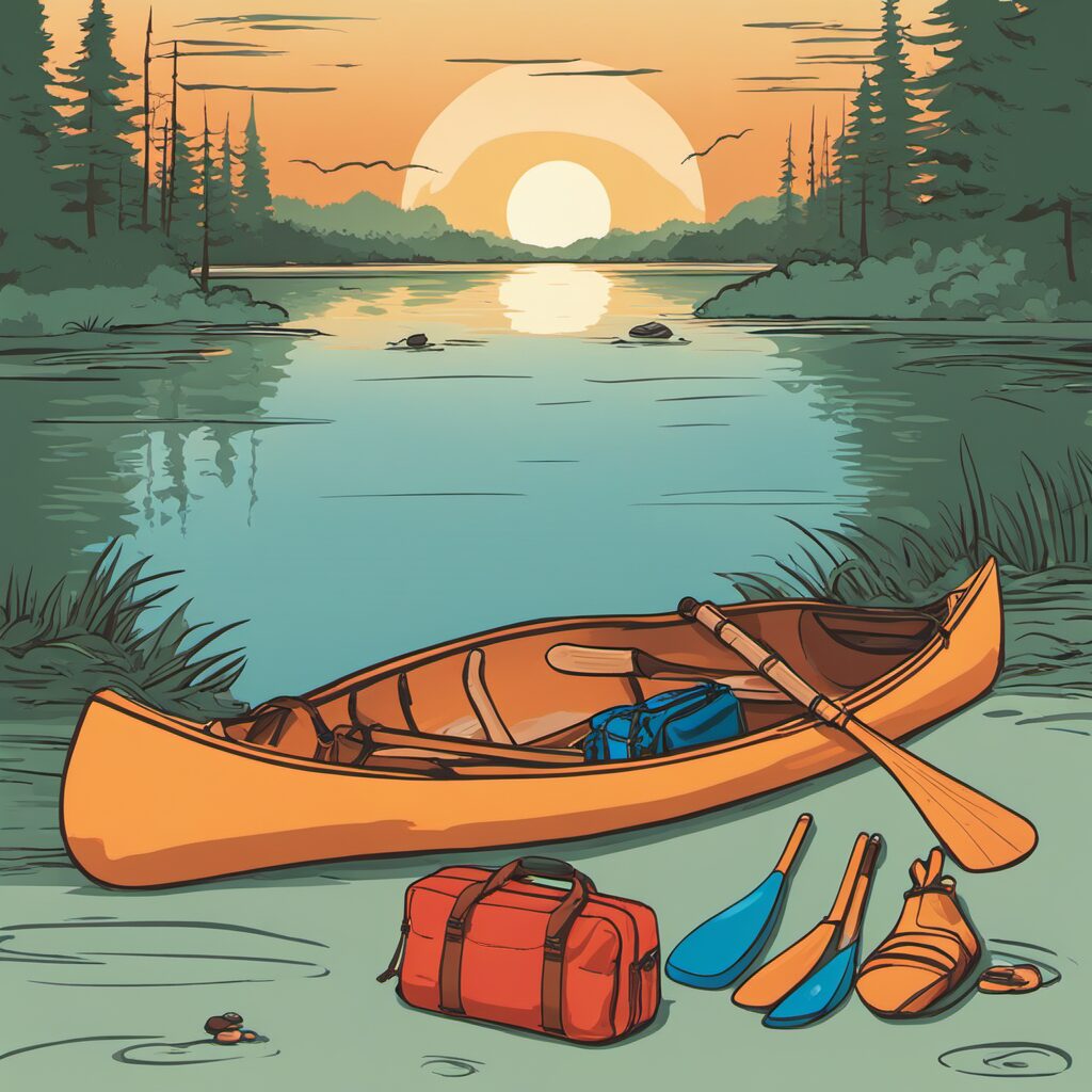 Paddeltasche mit Paddel-Accessoires und idyllischem Sonnenuntergang