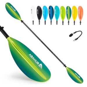 Ein verstellbares Aluminium-Doppelpaddel für Kajakfahrten, das in 5 Längen von 220 cm bis 240 cm variiert und mit einer Paddelleine ausgestattet ist.