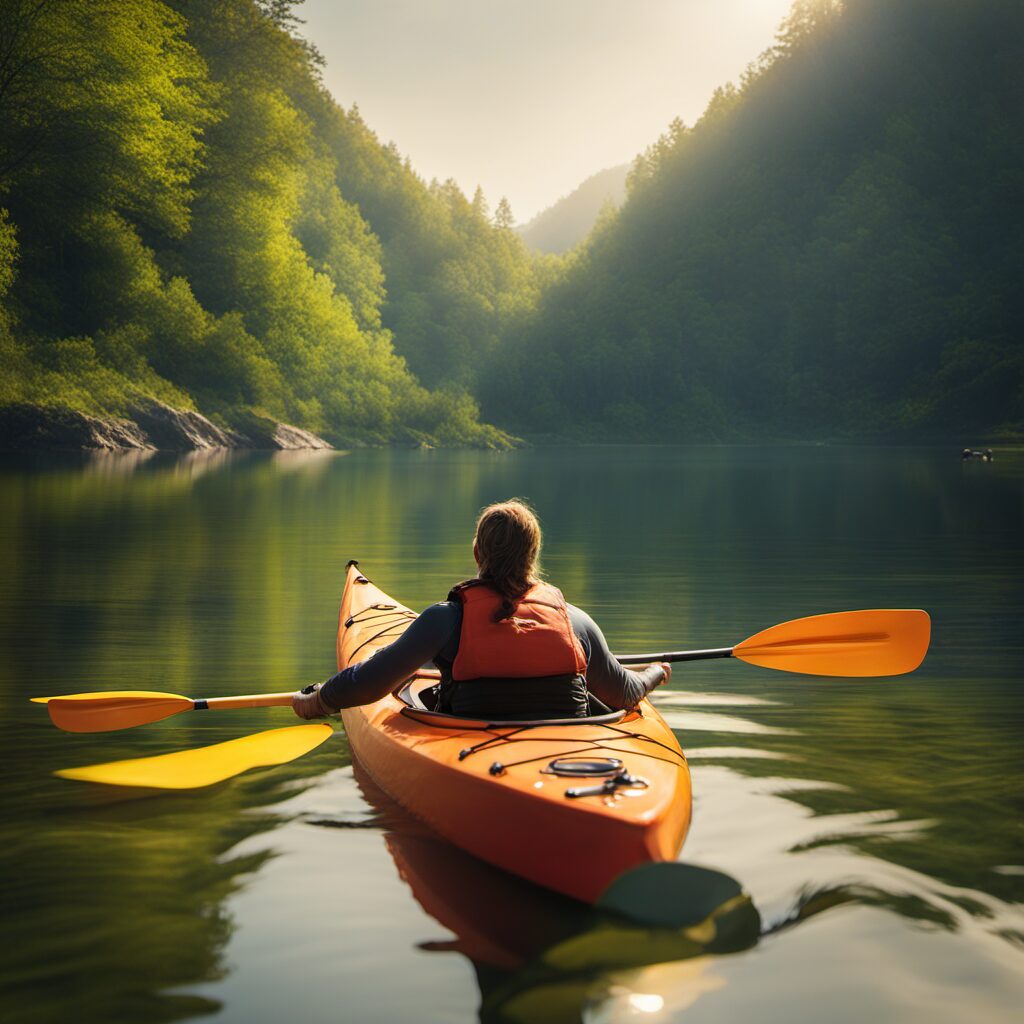 Kanufahrer mit MotiveTech 2X Kanupaddel T Griff und weiteren Paddelprodukten auf einem ruhigen See
