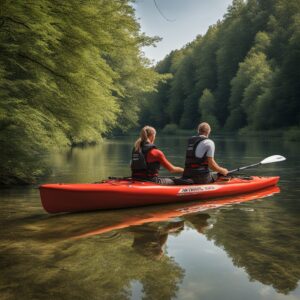 Ein Kanufahrer sitzt entspannt auf einem Kajaksitz im Wasser, umgeben von einer idyllischen Szenerie. Der Sitz ist farbenfroh und auffällig gestaltet mit Rückenlehne für Halt und Unterstützung.