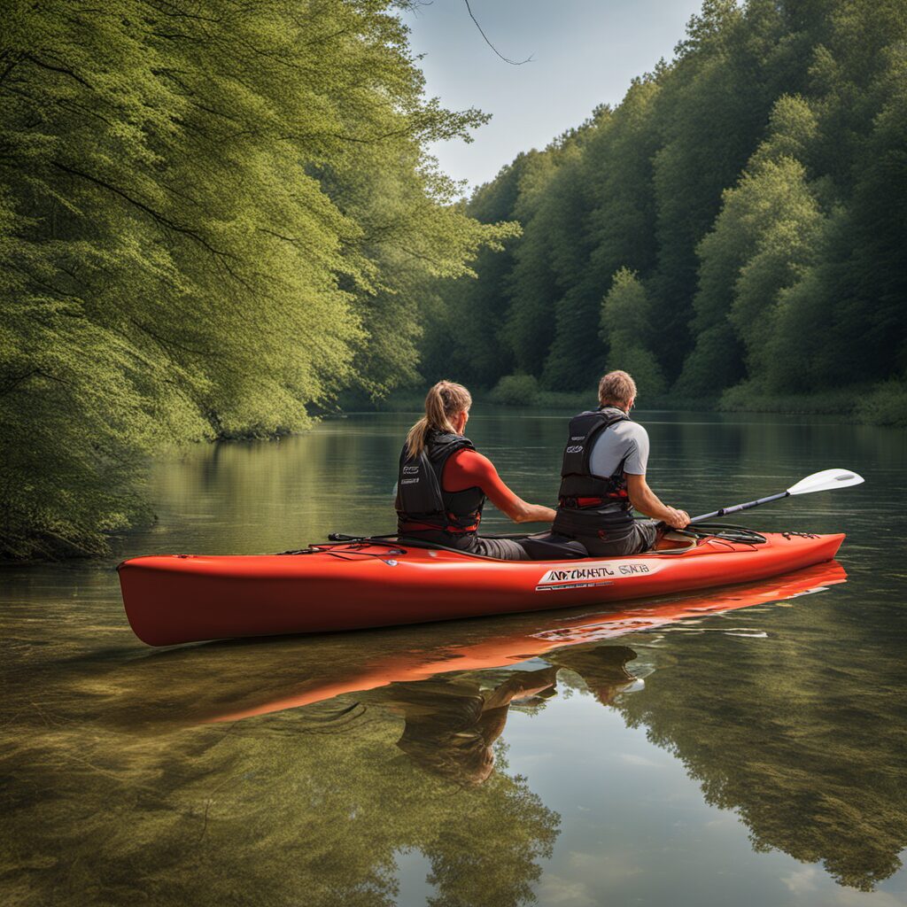 Ein Kanufahrer sitzt entspannt auf einem Kajaksitz im Wasser, umgeben von einer idyllischen Szenerie. Der Sitz ist farbenfroh und auffällig gestaltet mit Rückenlehne für Halt und Unterstützung.