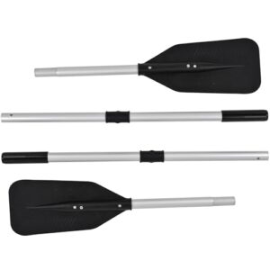 Drei metallische Paddel sitzen nebeneinander, jeder mit einem einzelnen Blatt am Ende und drei Blättern an der Unterseite. Das rechte Paddel ist leicht nach links geneigt. Die Paddel sind stabil und leicht konstruiert, perfekt für Schlauchboote mit einem Durchmesser von 330 bis 380 cm geeignet.