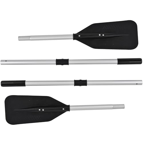 Drei metallische Paddel sitzen nebeneinander, jeder mit einem einzelnen Blatt am Ende und drei Blättern an der Unterseite. Das rechte Paddel ist leicht nach links geneigt. Die Paddel sind stabil und leicht konstruiert, perfekt für Schlauchboote mit einem Durchmesser von 330 bis 380 cm geeignet.