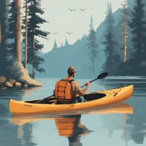 Kanusitzer oder -bänk mit Gesichtsausdruck der Begeisterung auf dem Wasser. Produkt-Präsentation für Kiefernholz-Sitzer und verstellbare Rückenlehne.