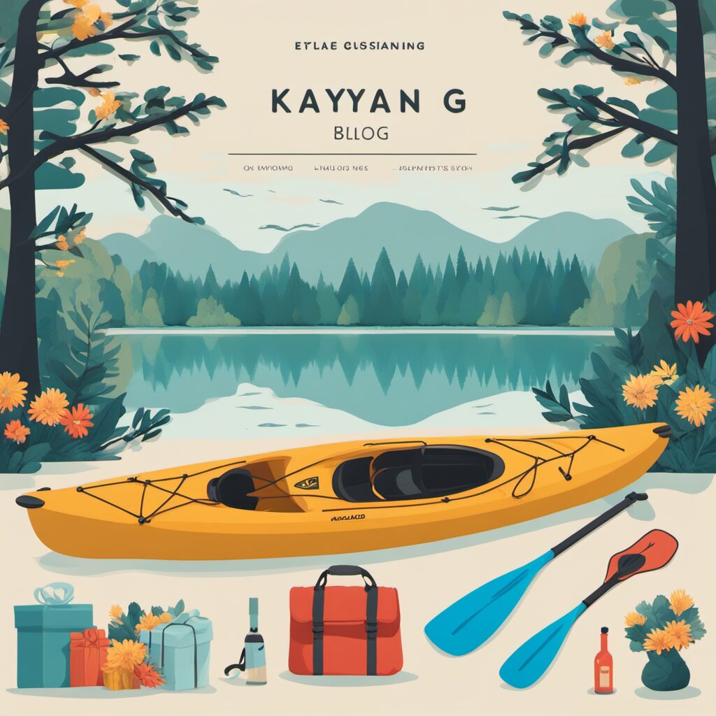 Paddeltasche mit verschiedenen Ausrüstungsgegenständen wie Kajak, Paddel und Pumpe, idyllischer Seenrand im Hintergrund.