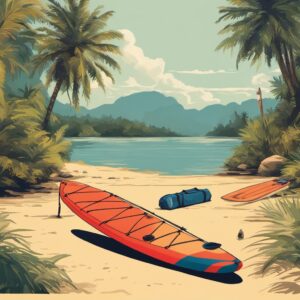 Paddeltasche mit Ausrüstung in einem idyllischen Strandsetting