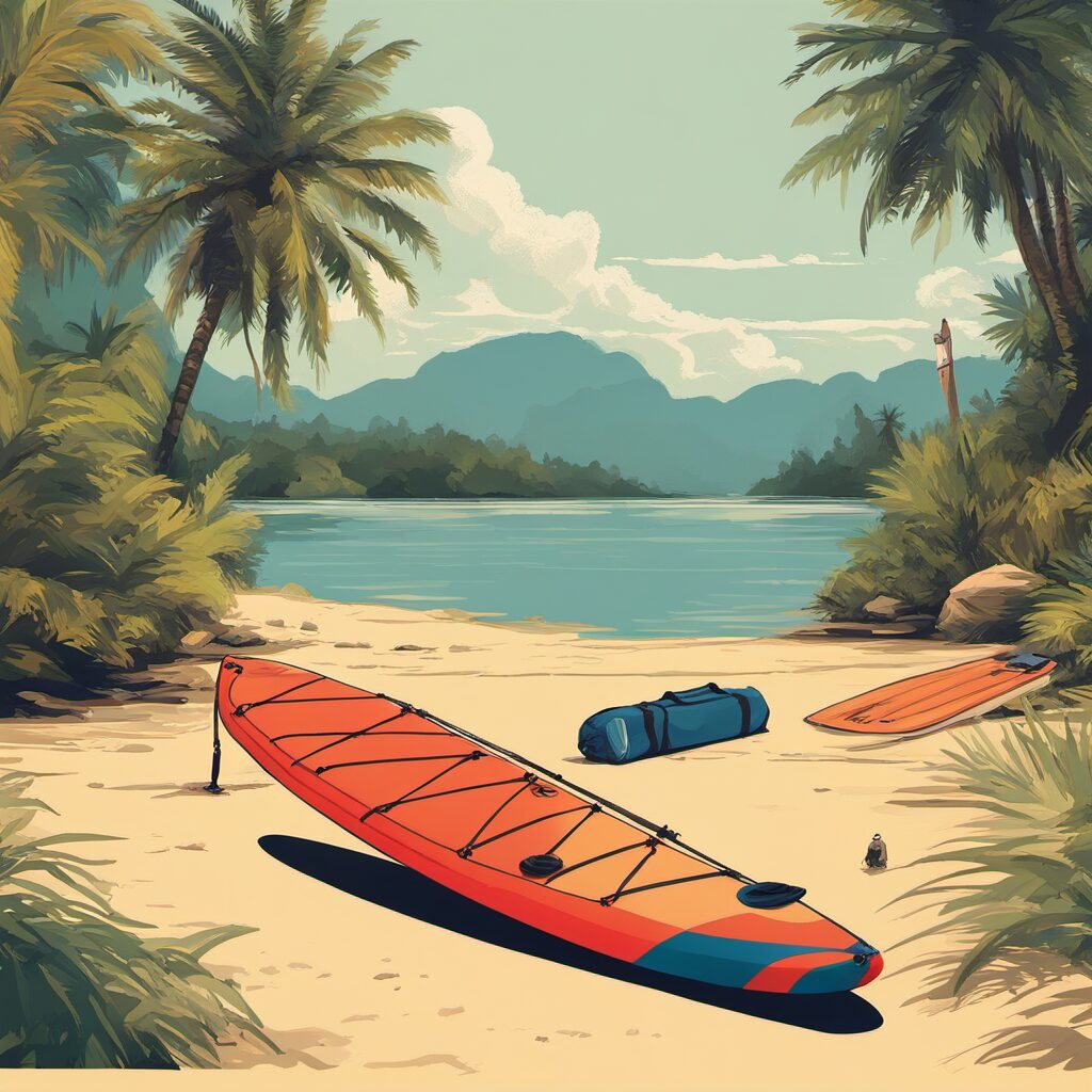 Paddeltasche mit Ausrüstung in einem idyllischen Strandsetting