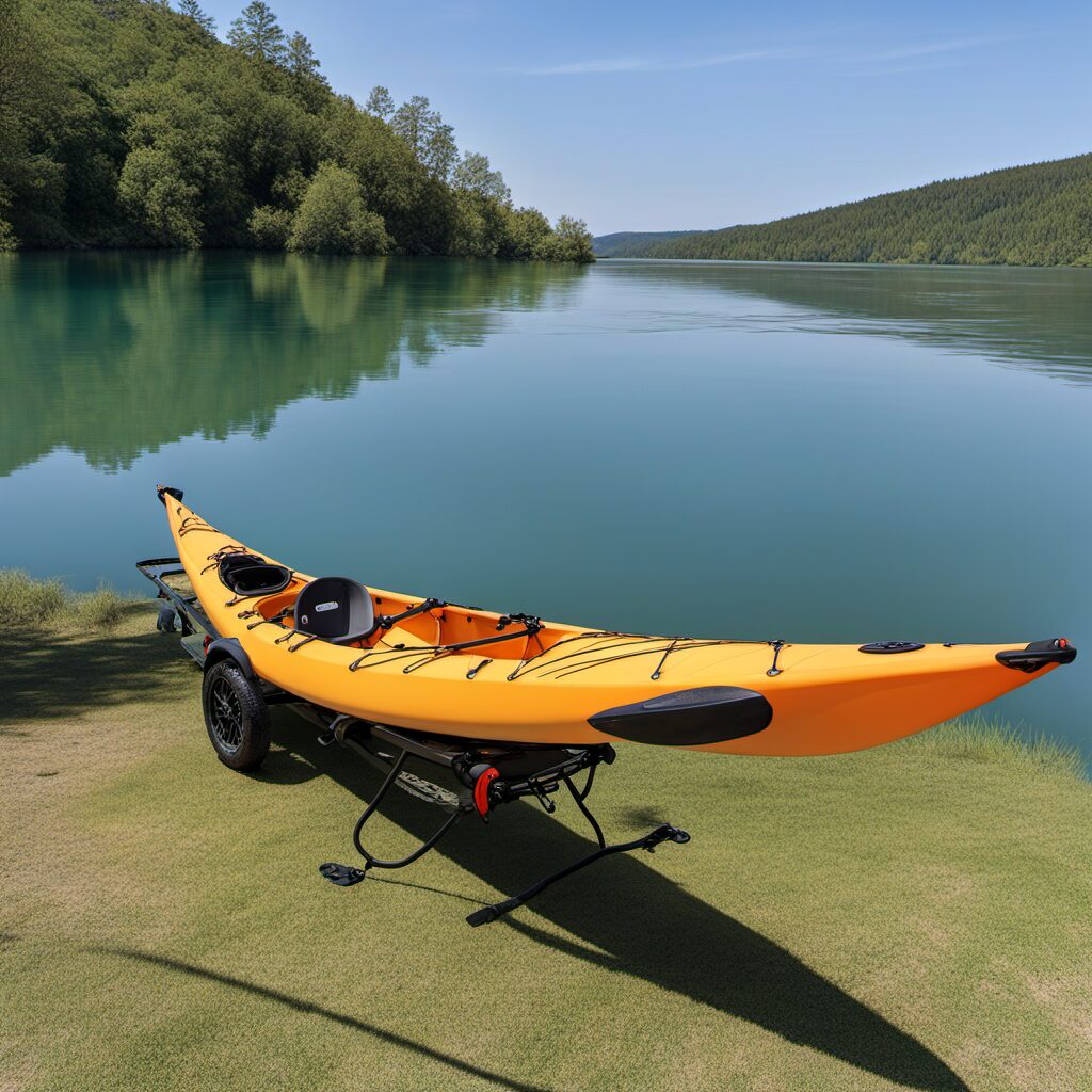 Ein Kanu auf ruhigem Wasser mit SPORTNOW Verstellbarem Kajakwagen und Loohacp Kajak-Und Kanu-Decken-Flaschenzugsystem