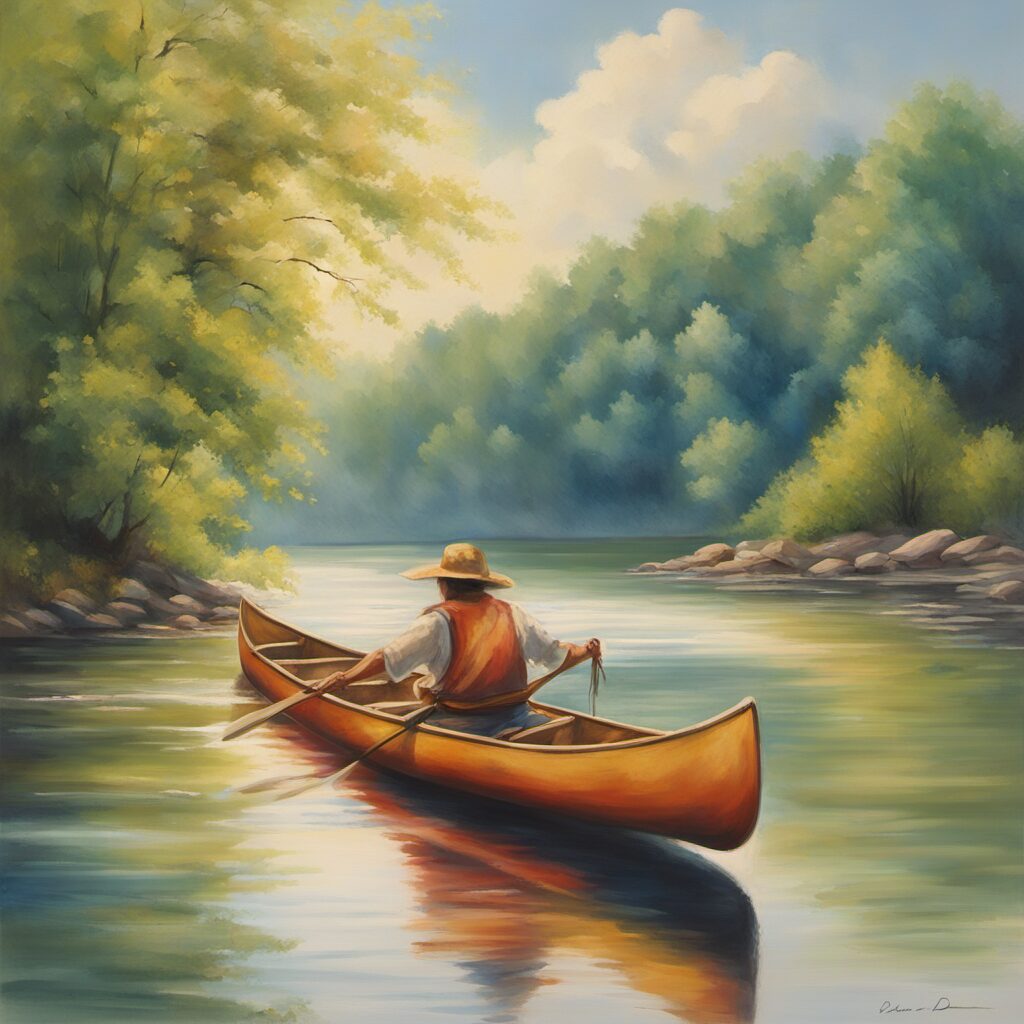 Ein lebendiges Bild von einem Kanufahrer, der sein Kanu über einen Fluss transportiert. Sonniger Tag und blauer Himmel.