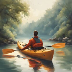 Kanu auf ruhigem Wasser mit Person im Vordergrund und Geschenkideen im Hintergrund wie Kanu Sitz Seat Bank oder NATIV Beach-Rolly Eckla