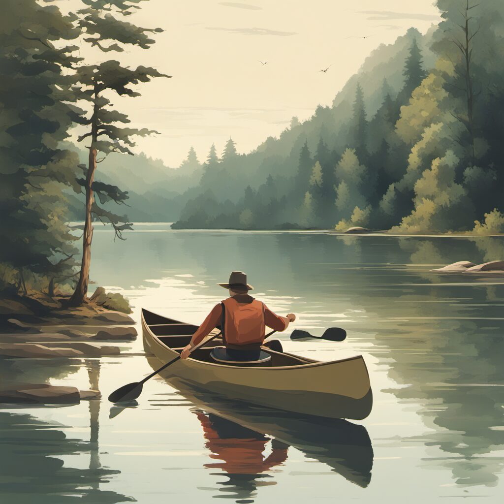 Kanufahrende Personen in einer idyllischen Szene mit Paddeldasche und Ausrüstung