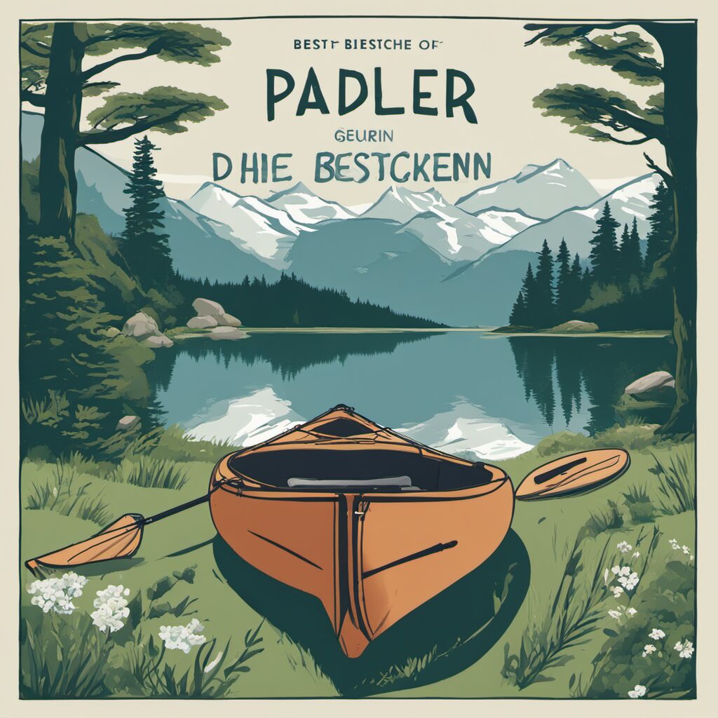 Paddeltasche mit verschiedenen Ausrüstungsgegenständen und einem Berg oder einer Wiese im Hintergrund. Ideal als Geschenk für Kanufahrer.