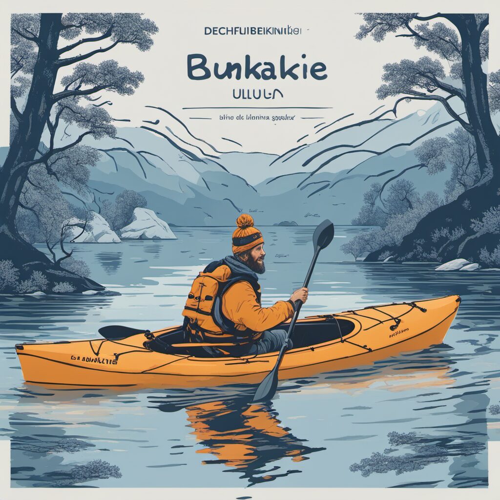 Ein Kajak auf einem stillen See mit blauen Wogen zeigt eine Person, die durch den Wasserpegel fährt. Im Vordergrund ist der Titel 'Geschenkideen rund ums Kanufahren: Die ultimative Sammlung' und in kleiner Schrift 'Entdecke die besten Produkte für deine nächste Kanufahrt'