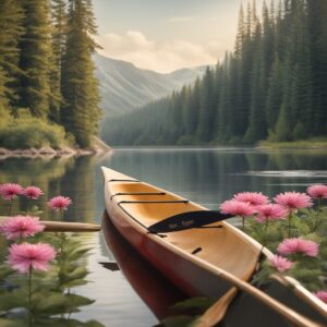 Wasserpaddel und Kajakfahrer in einer idyllischen Landschaft mit Bäumen und Blumen. Paddeltasche, Rucksack und Kanu-Anker liegen bereit.