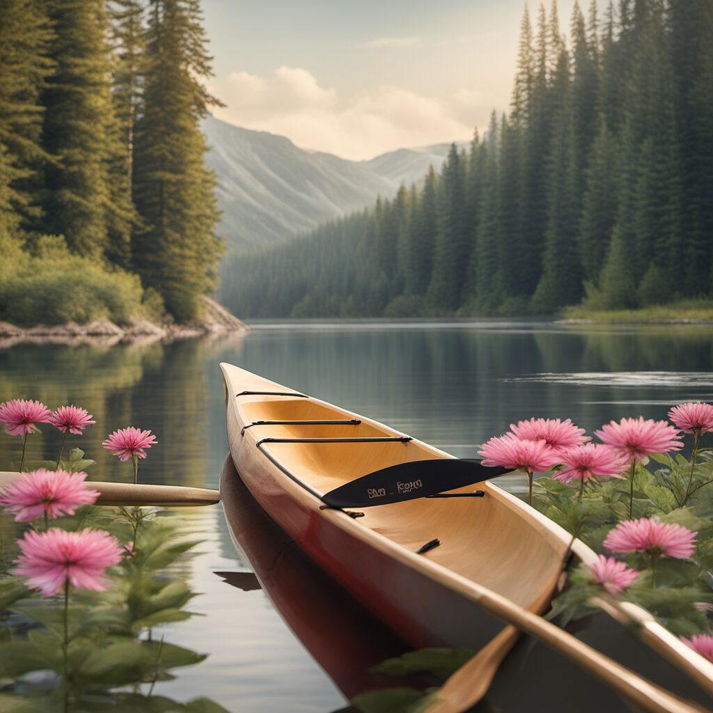 Wasserpaddel und Kajakfahrer in einer idyllischen Landschaft mit Bäumen und Blumen. Paddeltasche, Rucksack und Kanu-Anker liegen bereit.