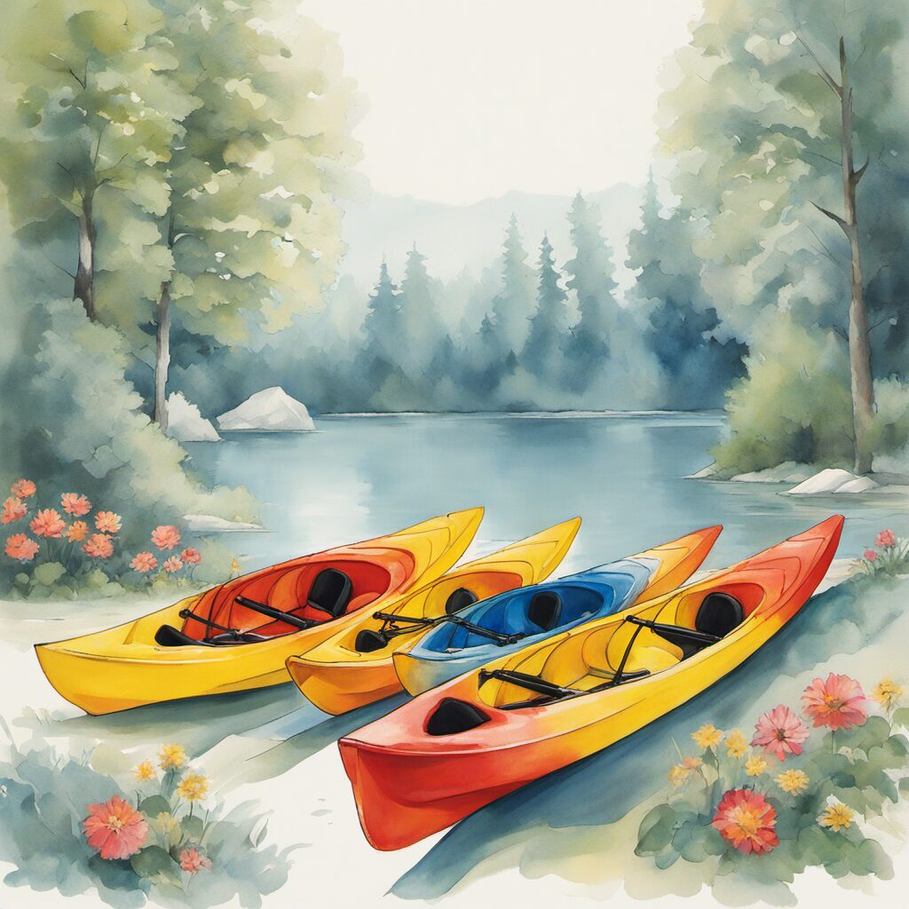 Kanus auf verschiedenen Wasserflächen und sonniger Landschaft