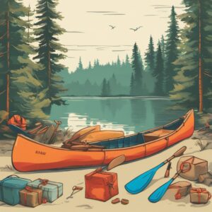 Ein schönes Kanu mit Werkzeugen und Zubehörteilen am Ufer eines Sees oder Flusses