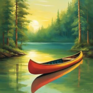 Ein Kanu auf einem stillen Gewässer mit freundlichen Sonnenstrahlen und grüner Landschaft. Perfekte Geschenke für Kanufahrer.