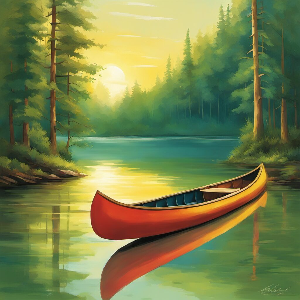Ein Kanu auf einem stillen Gewässer mit freundlichen Sonnenstrahlen und grüner Landschaft. Perfekte Geschenke für Kanufahrer.