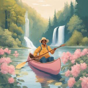 Ein Kanu-Fahrer mit großem Lächeln auf dem Gesicht paddelt durch eine idyllische Landschaft mit Blumen und Bäumen. Im Hintergrund ist ein Wasserfall zu sehen und ein leckerer Snack liegt auf dem Beifahrersitz.
