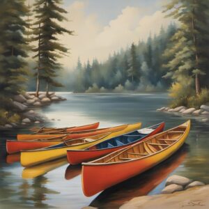 Kanus in verschiedenen Größen und Typen mit ruhigem Wasserhintergrund und Paddelzubehör