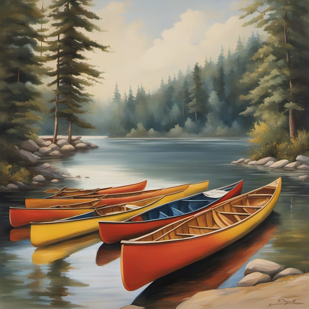 Kanus in verschiedenen Größen und Typen mit ruhigem Wasserhintergrund und Paddelzubehör