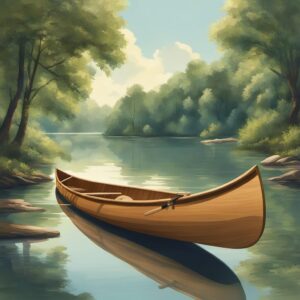 Kanusitz aus Holz, idyllische Szenerie mit Fluss und grünen Bäumen, perfekte Geschenkidee für Kanufahrer