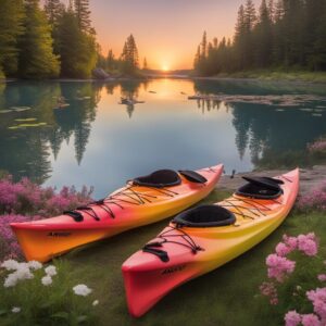 Kajak auf See mit Paddelhalter MOPHOEXII 4 Stück, ABOOFAN Kajak Ablassstopfen und VEVOR Kajakwagen