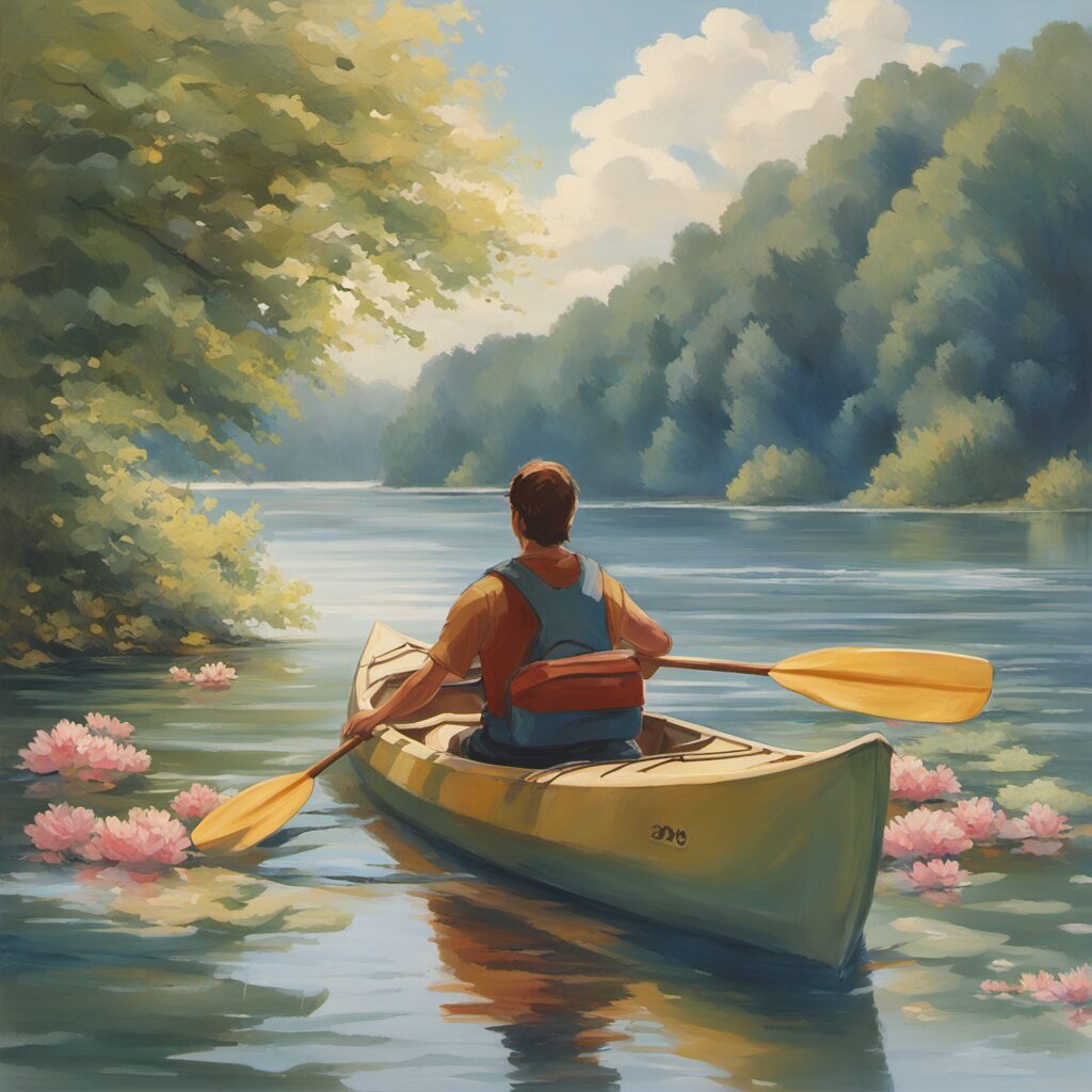 Paddel und Kajak auf einem idyllischen See oder Fluss, perfekte Geschenkidee für Kanufahrer