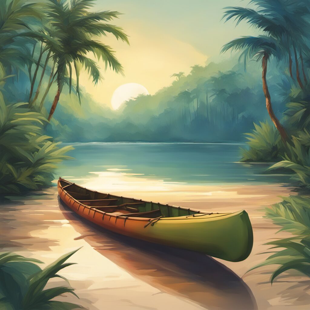 Kanusitz mit Palme und Sonnenaufgang in einem stillen Wasserrevier