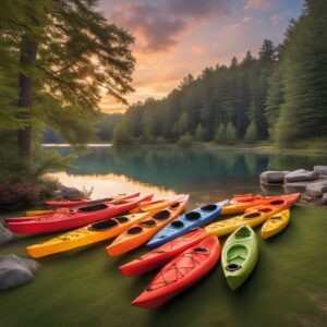Bunte Kanus auf einem stillen See bei Sonnenuntergang - Familienkanu, Kajak-Kanu und Aufblasbares Kanu