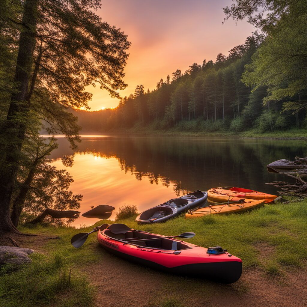 Paddeltasche für Kanu auf dem See, Sonnenaufgang im Hintergrund