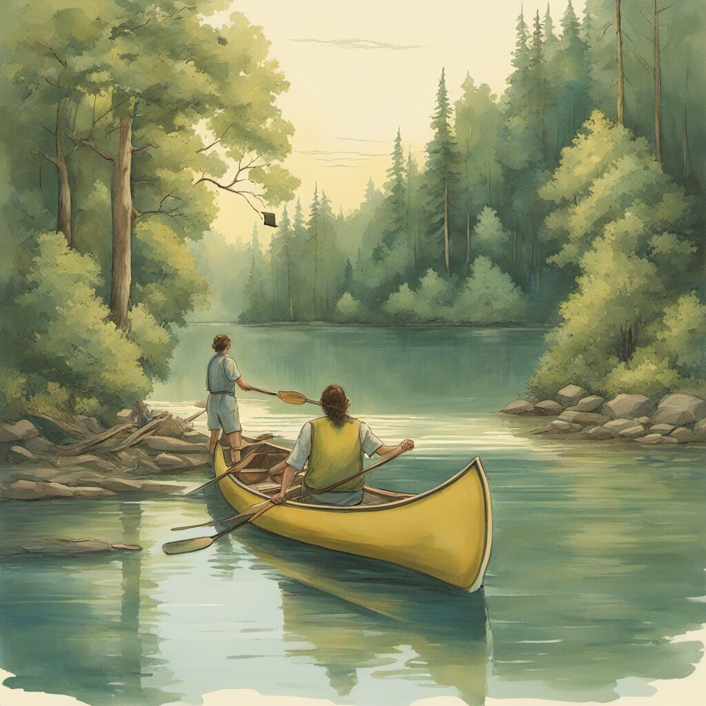 Kanus im Wasser auf stillen See oder Fluss mit waldreicher Landschaft und Bootsteg.