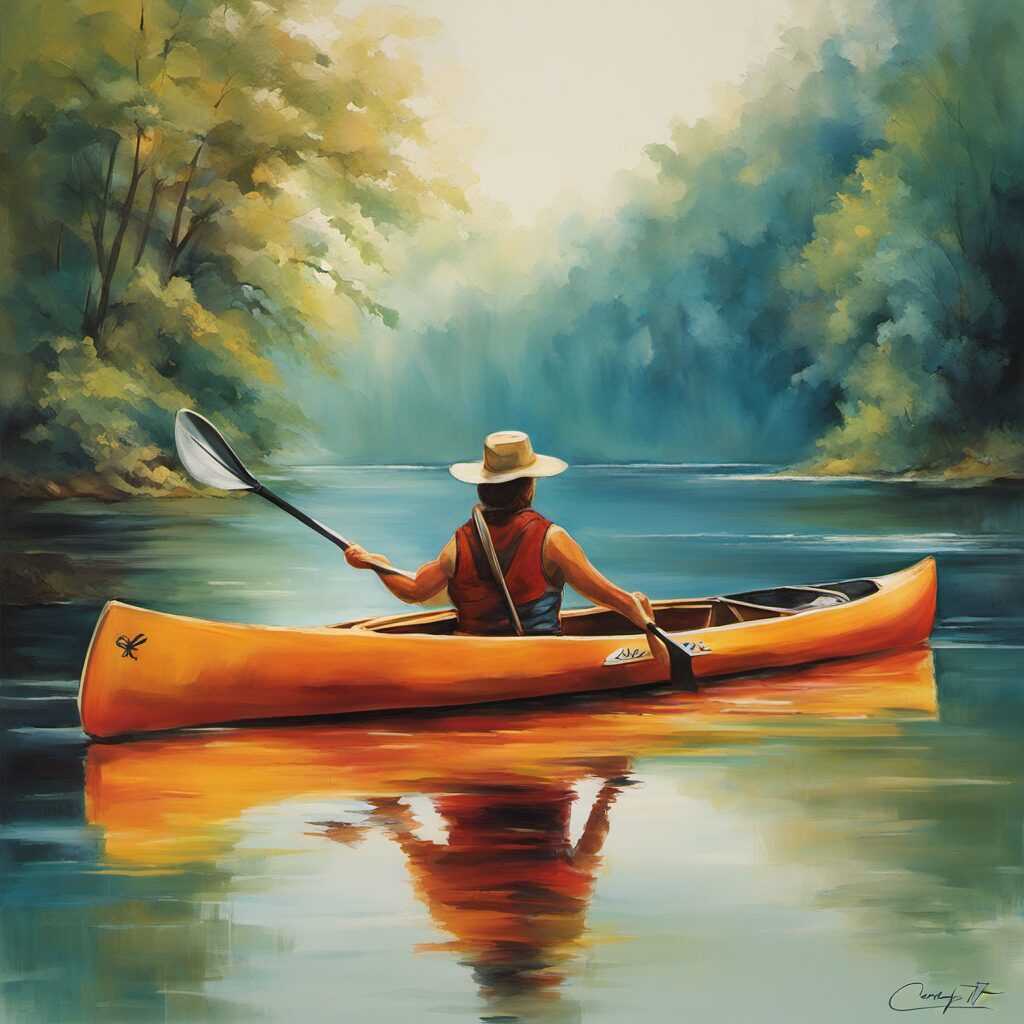 Ein Bild, das Kanusitz-Geschenkideen mit einem bequemen Sitz im Vordergrund zeigt, der idealen Halt und Komfort für die Knie und Beine bietet. Im Hintergrund sollte ein ruhiges Gewässer mit Wasser zu sehen sein.