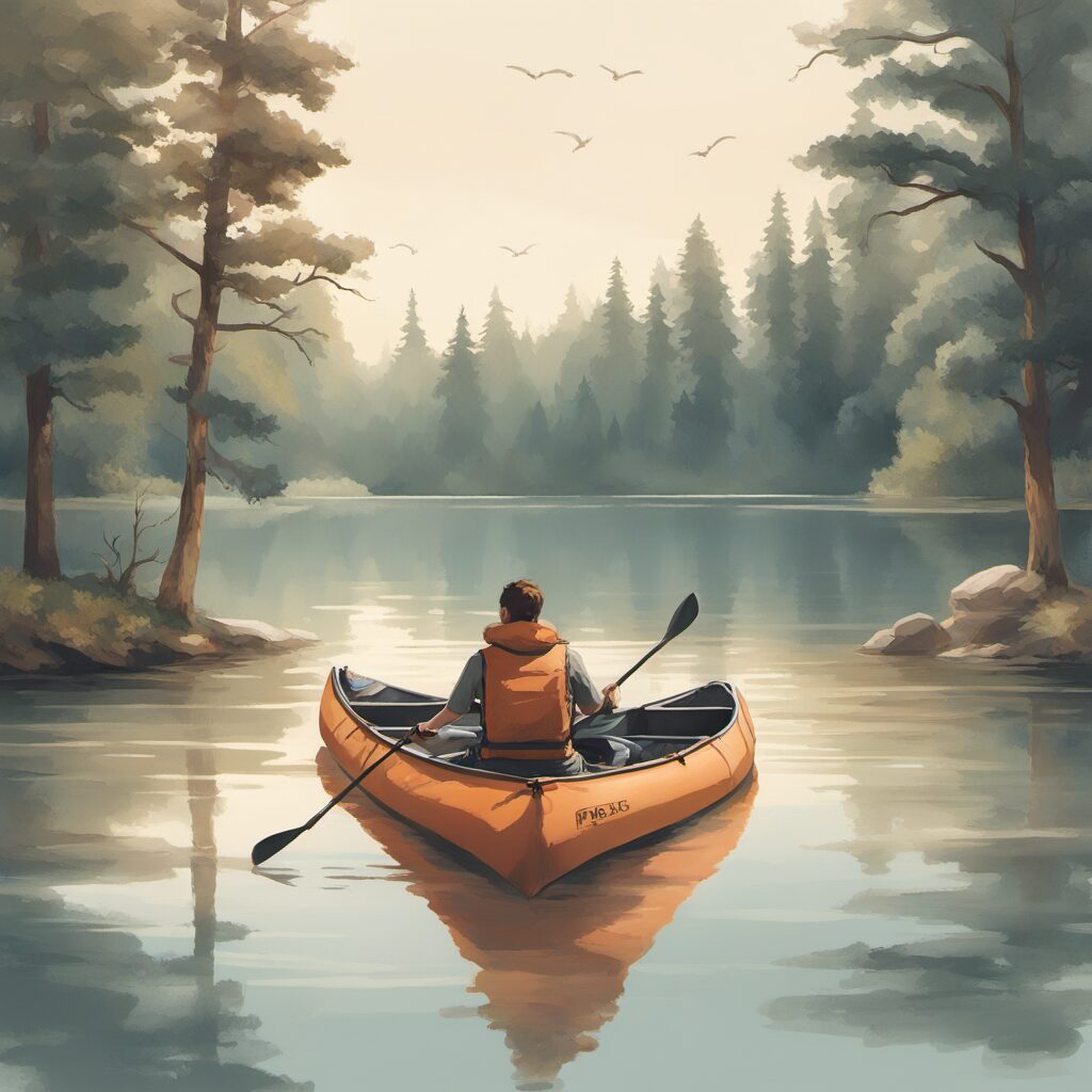 Ein Kanu auf einem ruhigen See mit Paddler und Geschenken wie Aufblasbarer Kajak-Stabilisator-Kit oder Transportwagen