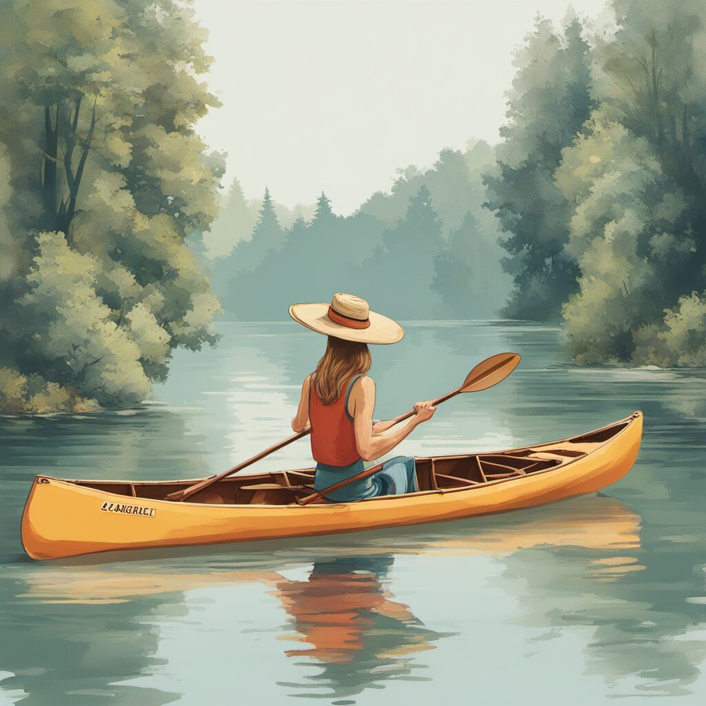 Entspannte Kanufahrt auf dem stillen See mit Kajak und Sonnenhut - perfektes Geschenk für Kanufreunde