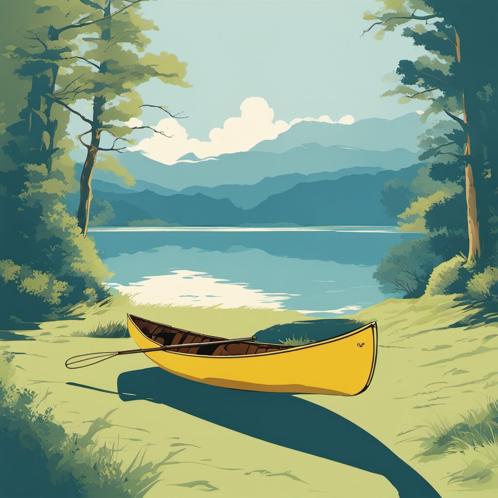 Ein Bild von einem Kanu auf einem See mit einer sonnigen Landschaft im Hintergrund, ideal für Geschenkideen oder Selbstverleih.