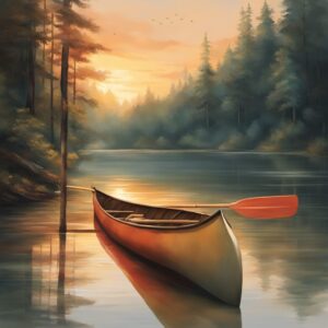 Kanus in verschiedenen Situationen: Stillsee, Waldreiche Flusslandschaft und Sonnenaufgang. Farbenfrohes Bild mit Schatten auf dem Wasser.