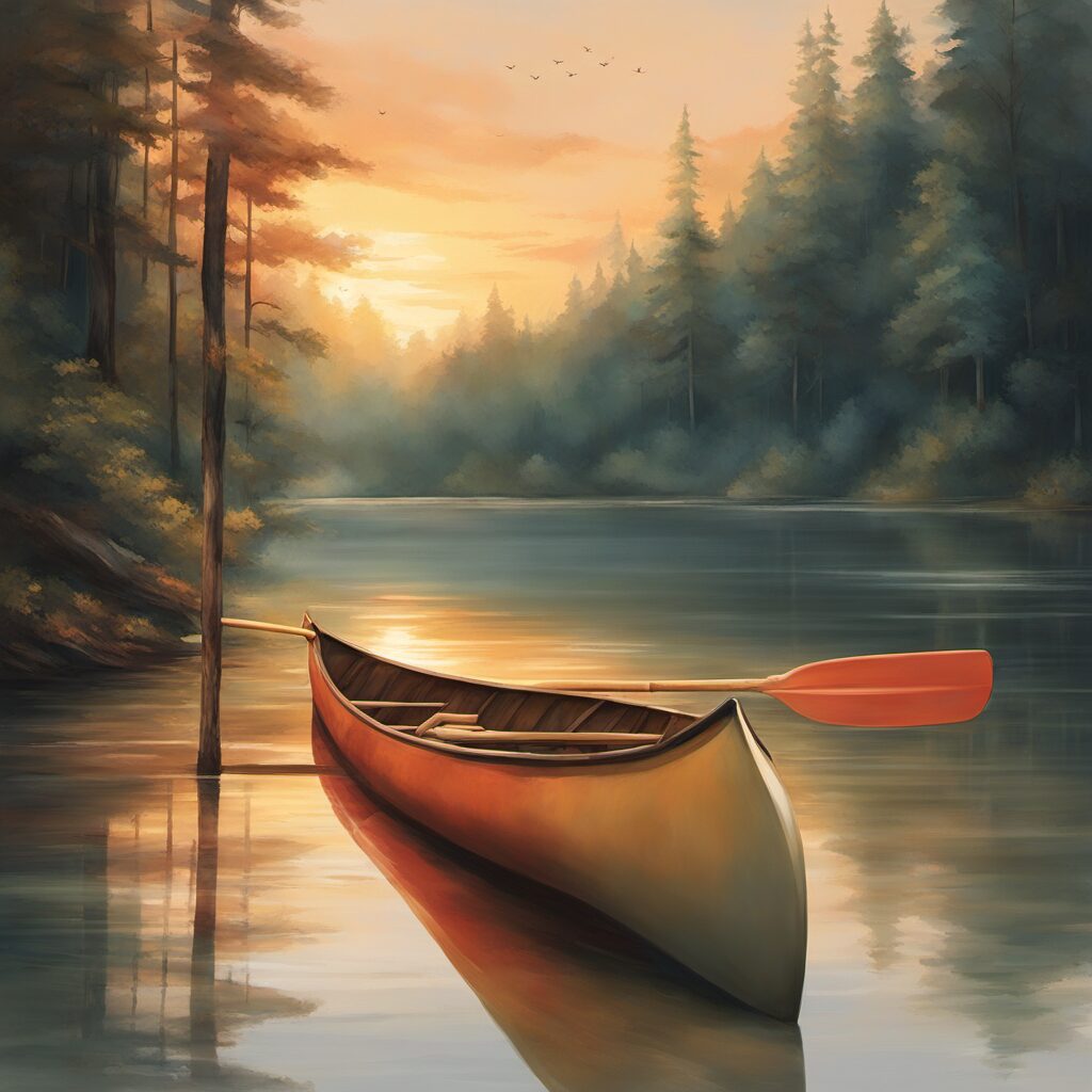 Kanus in verschiedenen Situationen: Stillsee, Waldreiche Flusslandschaft und Sonnenaufgang. Farbenfrohes Bild mit Schatten auf dem Wasser.