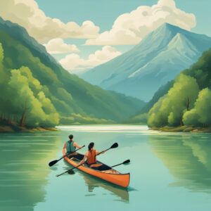 Ein ruhiger Wasserlauf mit Kanu und Personen im Hintergrund einer bergigen Landschaft.