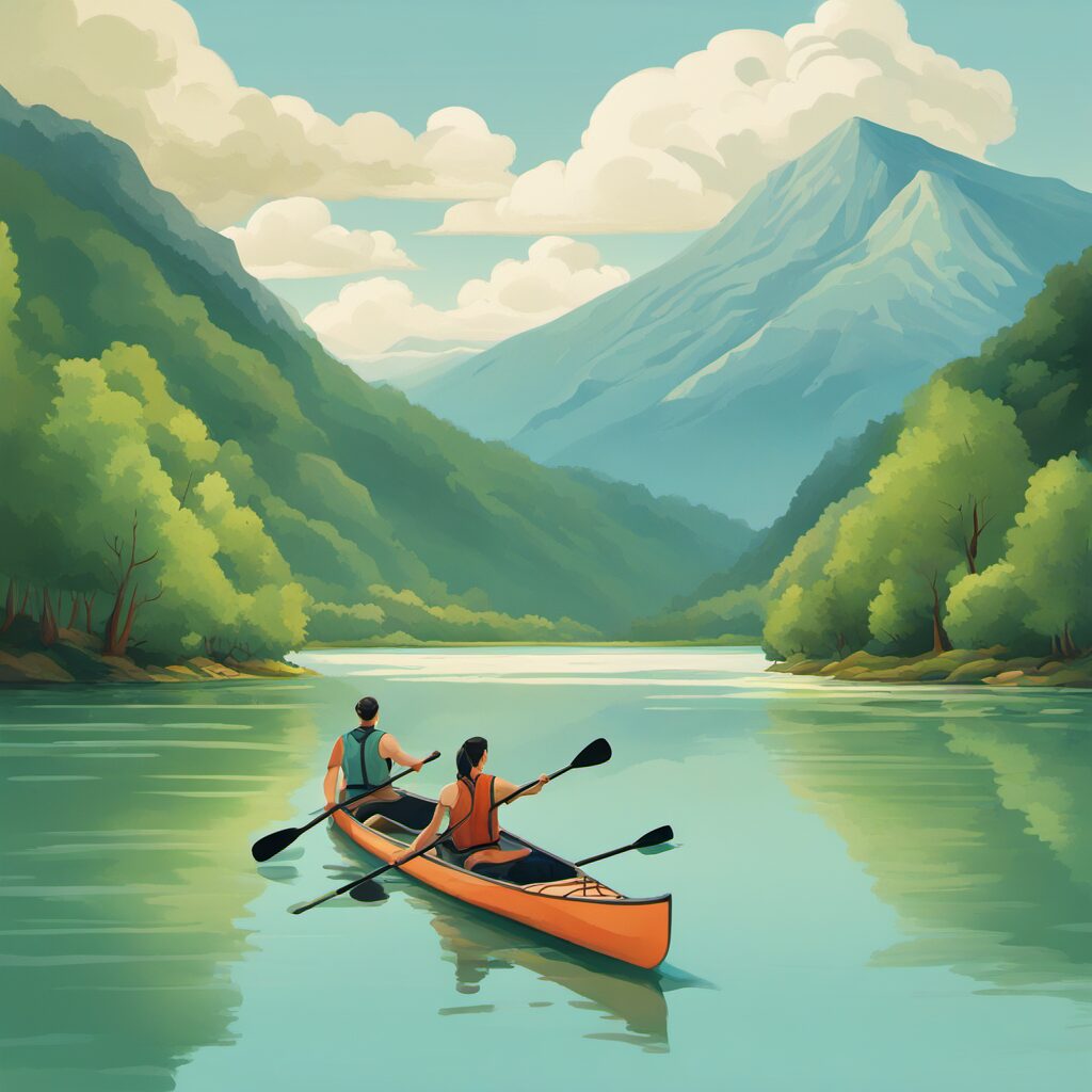 Ein ruhiger Wasserlauf mit Kanu und Personen im Hintergrund einer bergigen Landschaft.