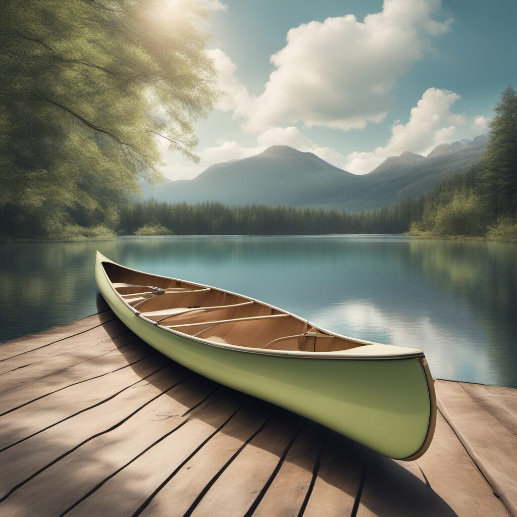 Einfach gezeichnete Darstellung eines Kanusitzes oder einer Bank auf einem stillen See, mit Sonnenbrille und Hut im Vordergrund, freundliches Wetter mit blauen Wolken und sanftem Sonnenlicht