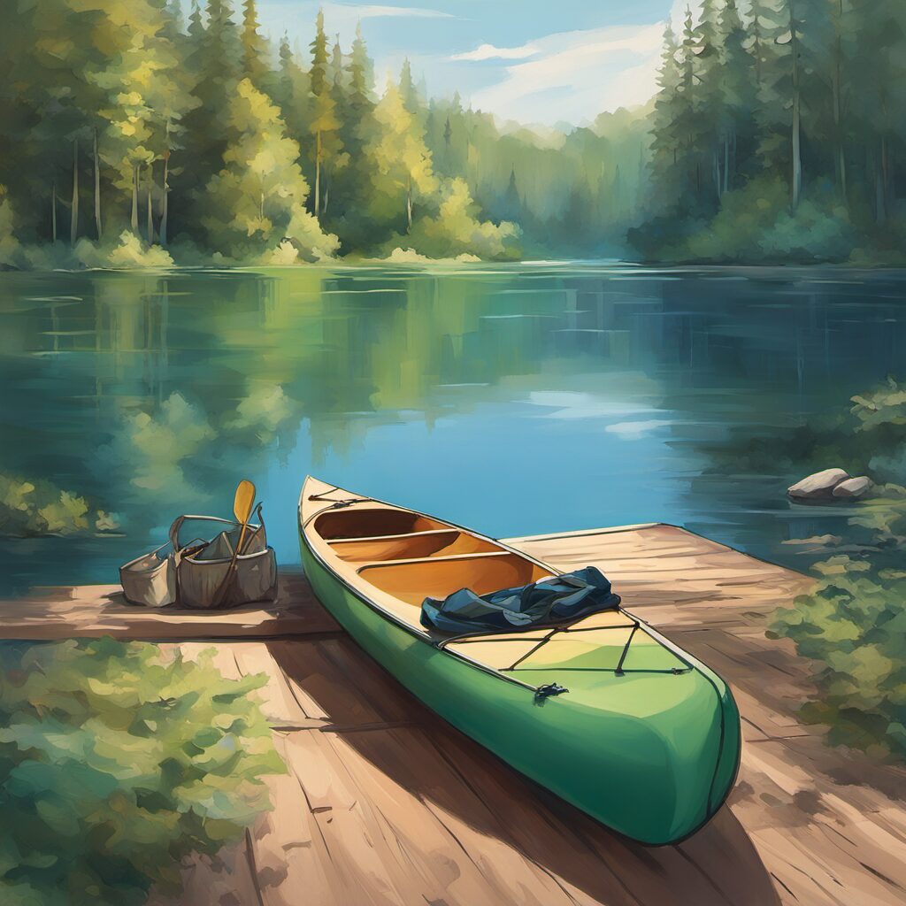 Bild einer Paddeltasche im Wasser, die ein Kanu begleitet, mit blauen und grünen Farben. Perfekt für Kanufahren mit maximalen Komfort und Sicherheit.