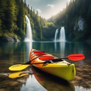 Ein Bild von einem Kajak auf ruhiger See mit Paddelzubehör wie Naqqios Paddelkantenschutz, Kajak-Paddelklemme und MOPHOEXII 4 Stück Kajak-Paddelhaltern.