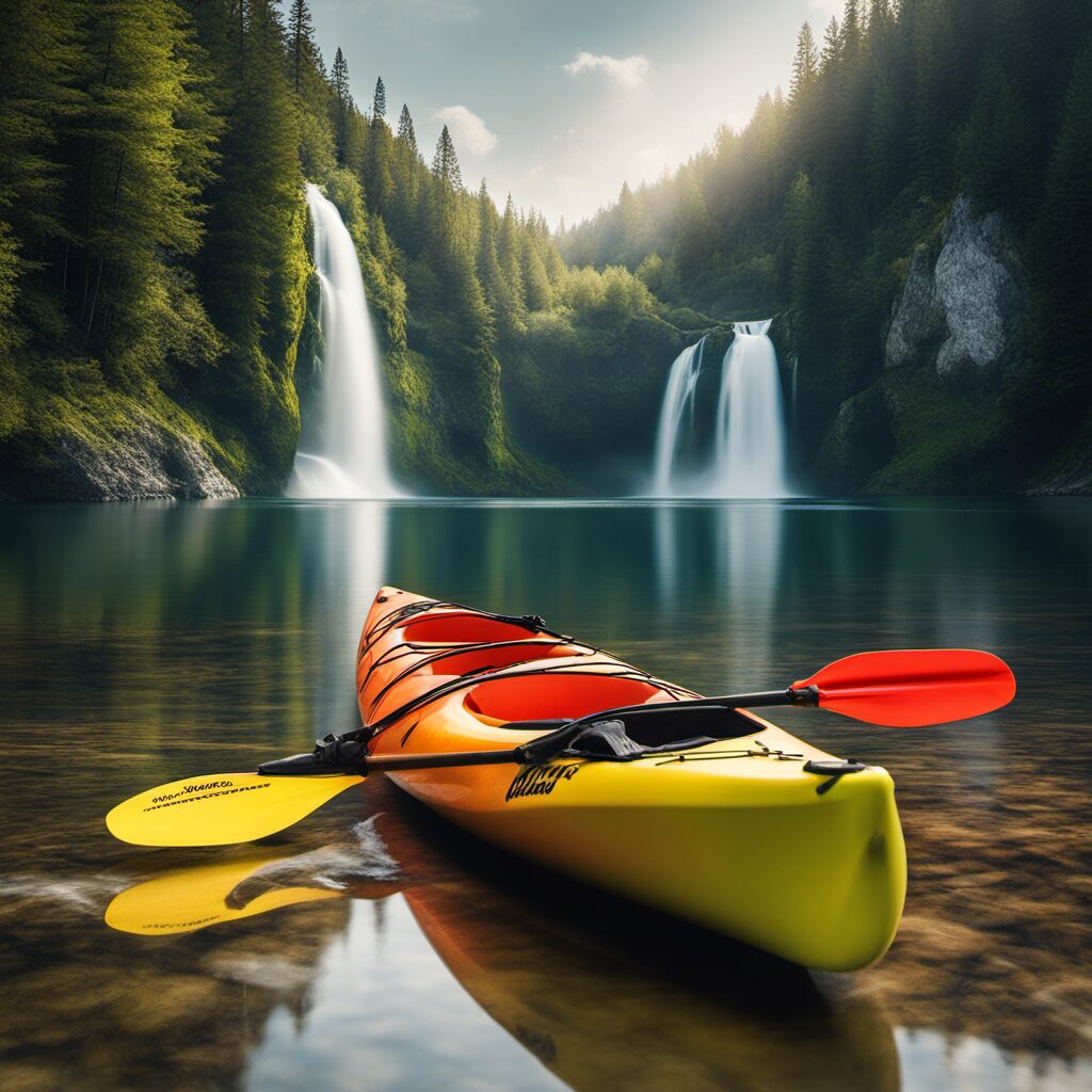 Ein Bild von einem Kajak auf ruhiger See mit Paddelzubehör wie Naqqios Paddelkantenschutz, Kajak-Paddelklemme und MOPHOEXII 4 Stück Kajak-Paddelhaltern.