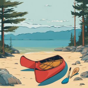 Bild eines Kanus auf ruhigem Wasser mit Paddelhalter im Vordergrund und Küste/Strand im Hintergrund. Ideal als Geschenk für Kanufahrende.